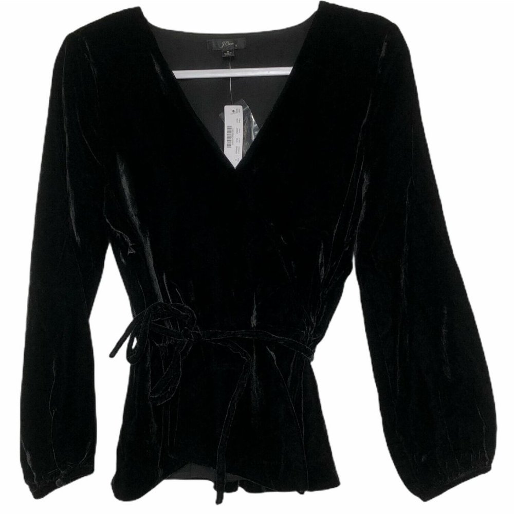 J. Crew Black Velvet Long Sleeve Tie-Waist Top 8